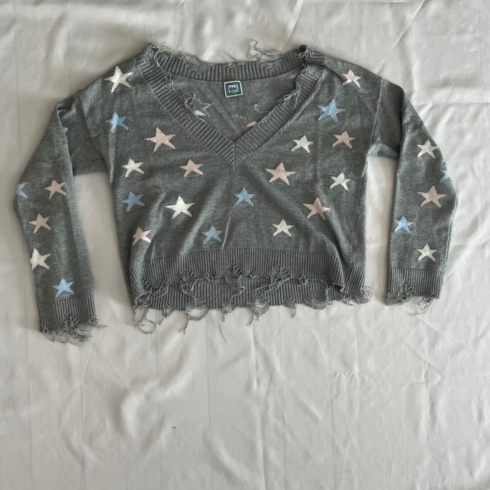 Gray Star Patterned Distressed Sweater - image 1